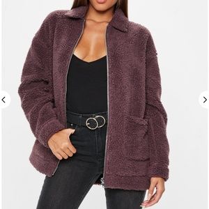 Burgundy oversized borg zip through teddy jacket